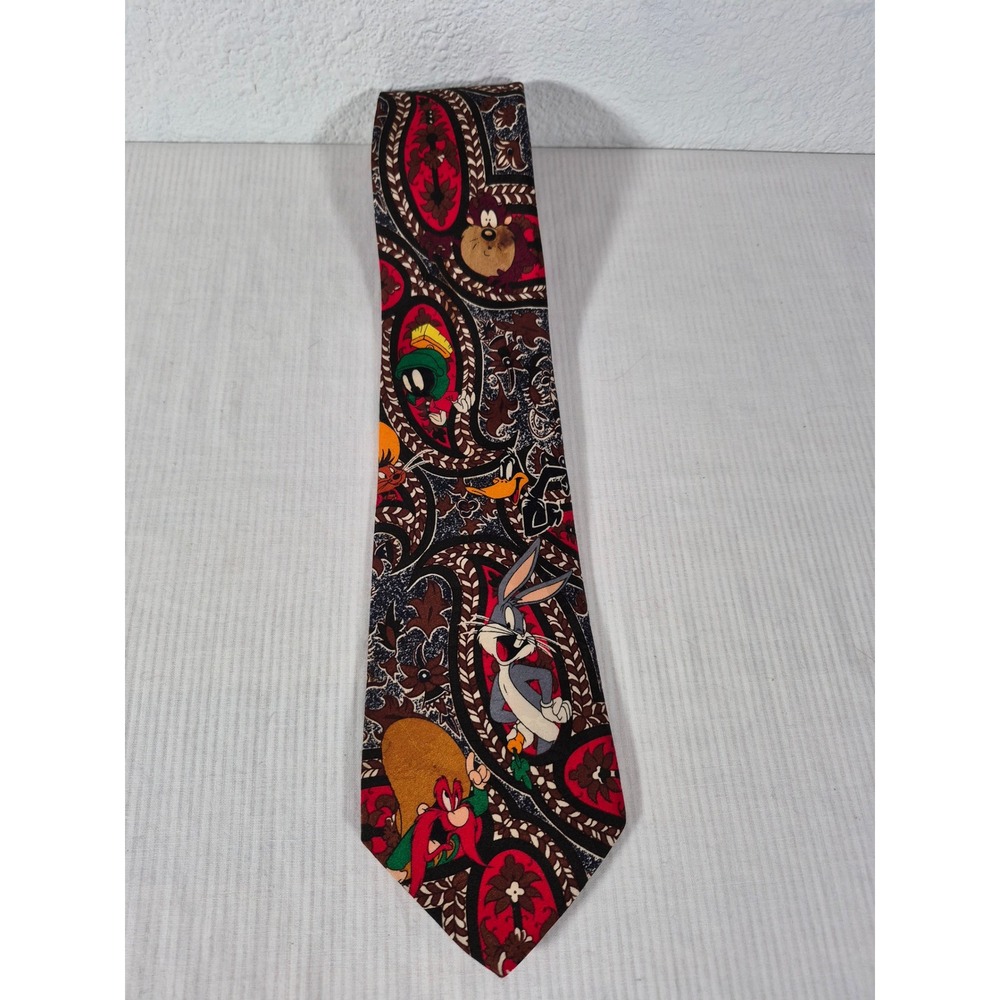 1994 Looney Tunes Paisley Necktie Bugs Bunny Daffy Duck Marvin Martian Red